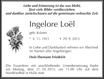 Traueranzeige von Ingelore Loël von Mitteldeutsche Zeitung Halle/Saalkreis