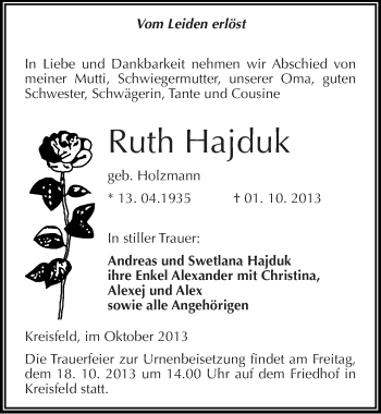 Traueranzeige von Ruth Hajduk von Mitteldeutsche Zeitung Mansfelder Land