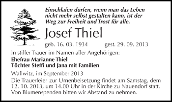 Traueranzeige von Josef Thiel von Mitteldeutsche Zeitung Halle/Saalkreis