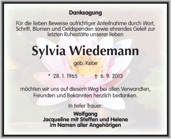 Traueranzeige von Sylvia Wiedemann von Mitteldeutsche Zeitung Halle/Saalkreis