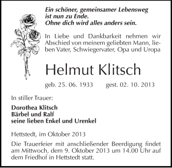 Traueranzeige von Helmut Klitsch von Mitteldeutsche Zeitung Mansfelder Land