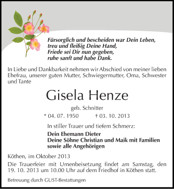 Traueranzeige von Gisela Henze von Mitteldeutsche Zeitung Köthen