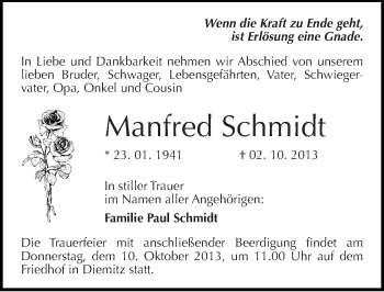 Traueranzeige von Manfred Schmidt von Mitteldeutsche Zeitung Halle/Saalkreis