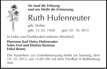 Traueranzeige von Ruth Hufenreuter von Mitteldeutsche Zeitung Bernburg