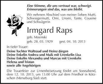 Traueranzeige von Irmgard Raps von Mitteldeutsche Zeitung Merseburg/Querfurt