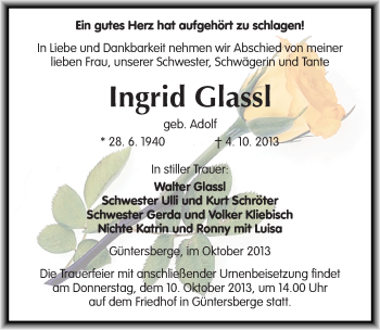 Traueranzeige von Ingrid Glassl von Mitteldeutsche Zeitung Quedlinburg