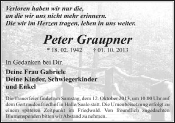 Traueranzeige von Peter Graupner von Mitteldeutsche Zeitung Halle/Saalkreis