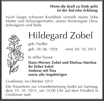 Traueranzeige von Hildegard Zobel von Mitteldeutsche Zeitung Mansfelder Land