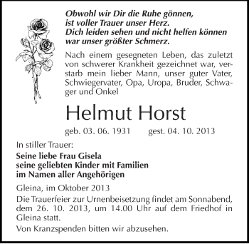 Traueranzeige von Helmut Horst von Mitteldeutsche Zeitung Naumburg/Nebra