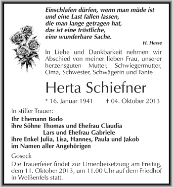 Traueranzeige von Herta Schiefner von Mitteldeutsche Zeitung Weißenfels