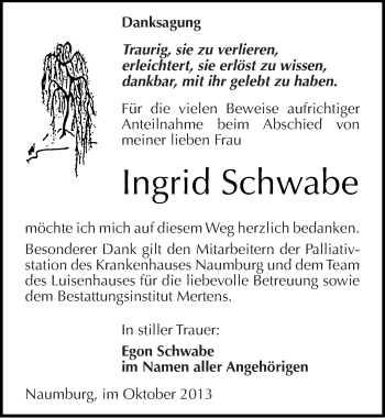 Traueranzeige von Ingrid Schwabe von Mitteldeutsche Zeitung Naumburg/Nebra