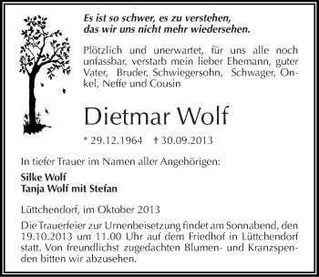 Traueranzeige von Dietmar Wolf von Mitteldeutsche Zeitung Mansfelder Land