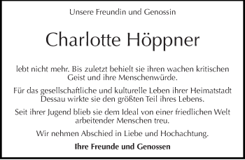 Traueranzeige von Charlotte Höppner von Mitteldeutsche Zeitung Dessau-Roßlau