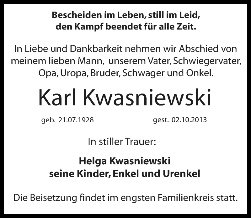  Traueranzeige für Karl Kwasniewski vom 12.10.2013 aus Mitteldeutsche Zeitung Halle/Saalkreis