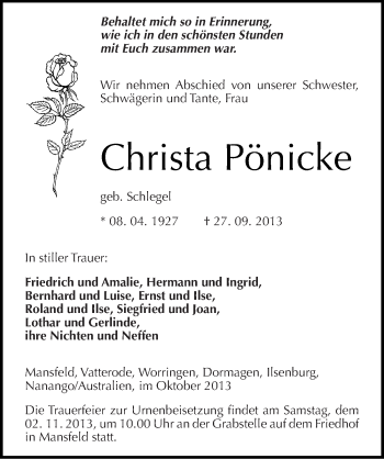 Traueranzeige von Christa Pönicke von Mitteldeutsche Zeitung Mansfelder Land