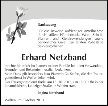Traueranzeige von Erhard Netzband von Mitteldeutsche Zeitung Bitterfeld