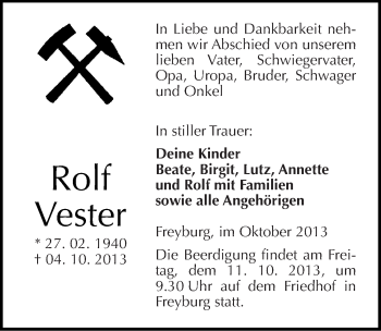 Traueranzeige von Rolf Vester von Mitteldeutsche Zeitung Naumburg/Nebra