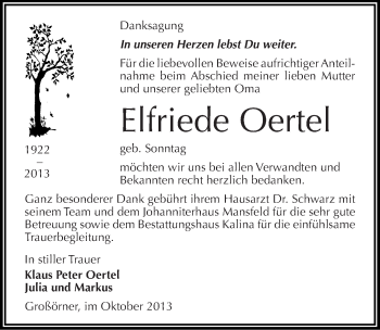 Traueranzeige von Elfriede Oertel von Mitteldeutsche Zeitung Mansfelder Land