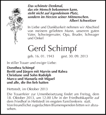 Traueranzeige von Gerd Schimpf von Mitteldeutsche Zeitung Mansfelder Land