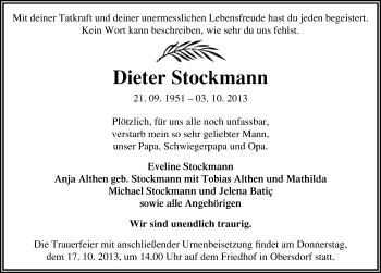 Traueranzeige von Dieter Stockmann von Mitteldeutsche Zeitung Sangerhausen