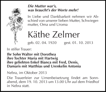 Traueranzeige von Käthe Zelmer von Mitteldeutsche Zeitung Naumburg/Nebra