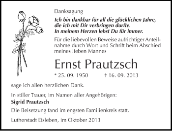 Traueranzeige von Ernst Prautzsch von Mitteldeutsche Zeitung Mansfelder Land