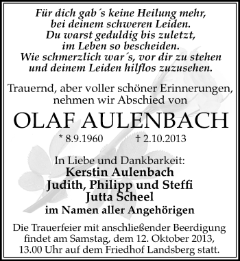 Traueranzeige von Olaf Aulenbach von Mitteldeutsche Zeitung Halle/Saalkreis