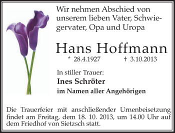 Traueranzeige von Hans Hoffmann von Mitteldeutsche Zeitung Halle/Saalkreis