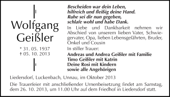 Traueranzeige von Wolfgang Geißler von Mitteldeutsche Zeitung Sangerhausen