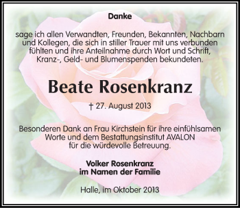 Traueranzeige von Beate Rosenkranz von Mitteldeutsche Zeitung Halle/Saalkreis