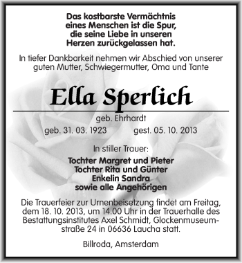 Traueranzeige von Ella Sperlich von Mitteldeutsche Zeitung Naumburg/Nebra