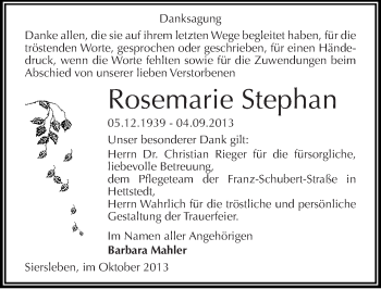 Traueranzeige von Rosemarie Stephan von Mitteldeutsche Zeitung Mansfelder Land