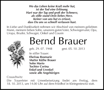 Traueranzeige von Bernd Brauer von Mitteldeutsche Zeitung Naumburg/Nebra