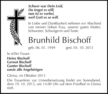 Traueranzeige von Brunhild Bischoff von Mitteldeutsche Zeitung Naumburg/Nebra