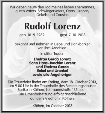 Traueranzeige von Rudolf Lorenz von Mitteldeutsche Zeitung Köthen