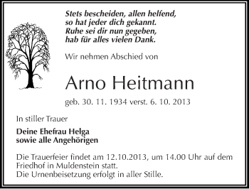Traueranzeige von Arno Heitmann von Mitteldeutsche Zeitung Bitterfeld
