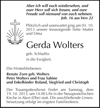 Traueranzeige von Gerda Wolters von Mitteldeutsche Zeitung Köthen
