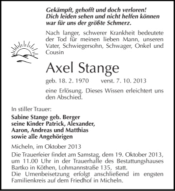 Traueranzeige von Axel Stange von Mitteldeutsche Zeitung Köthen