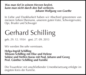 Traueranzeige von Gerhard Schilling von Mitteldeutsche Zeitung Dessau-Roßlau