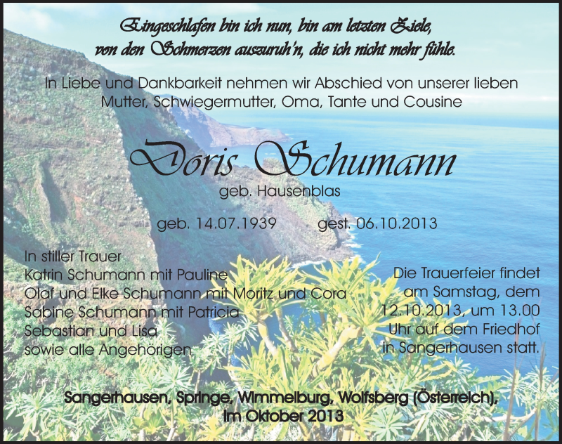 Traueranzeige für Doris Schumann vom 09.10.2013 aus Mitteldeutsche Zeitung Sangerhausen