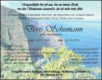 Traueranzeige von Doris Schumann von Mitteldeutsche Zeitung Sangerhausen