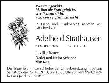 Traueranzeige von Adelheid Strathausen von Mitteldeutsche Zeitung Quedlinburg