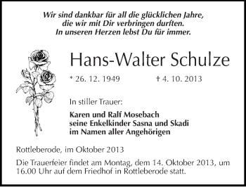 Traueranzeige von Hans-Walter Schulze von Mitteldeutsche Zeitung Sangerhausen