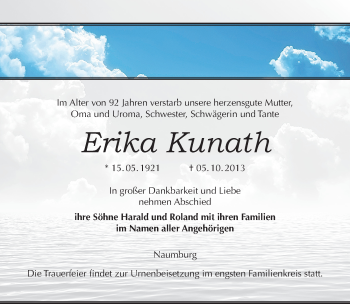 Traueranzeige von Erika Kunath von Mitteldeutsche Zeitung Naumburg/Nebra