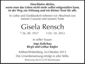 Traueranzeige von Gisela Rensch von Mitteldeutsche Zeitung Köthen
