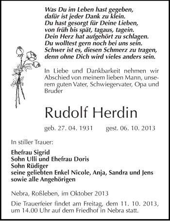 Traueranzeige von Rudolf Herdin von Mitteldeutsche Zeitung Naumburg/Nebra