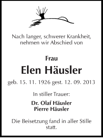 Traueranzeige von Elen Häusler von Mitteldeutsche Zeitung Halle/Saalkreis