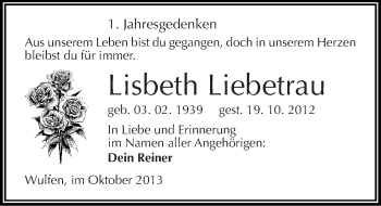 Traueranzeige von Lisbeth Liebetrau von Mitteldeutsche Zeitung Köthen