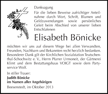 Traueranzeige von Elisabeth Bönicke von Mitteldeutsche Zeitung Halle/Saalkreis