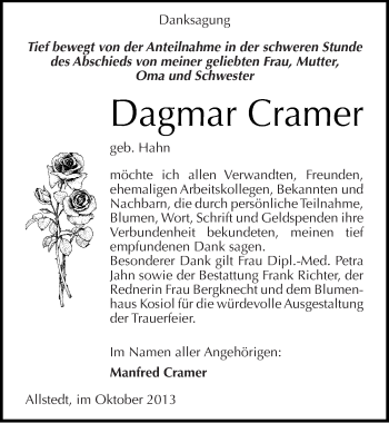 Traueranzeige von Dagmar Cramer von Mitteldeutsche Zeitung Sangerhausen